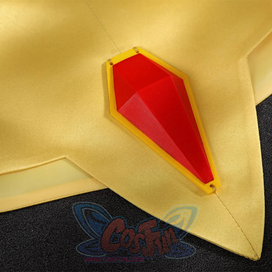 Dispatch Mandy cosplay costume red gem piece on yellow cape flat lay product shot