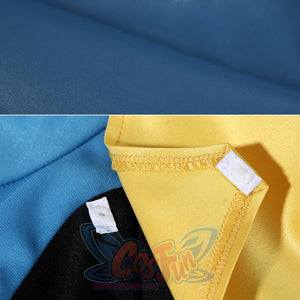 Dispatch Mandy cosplay costume blue and yellow fabric texture detail with labels