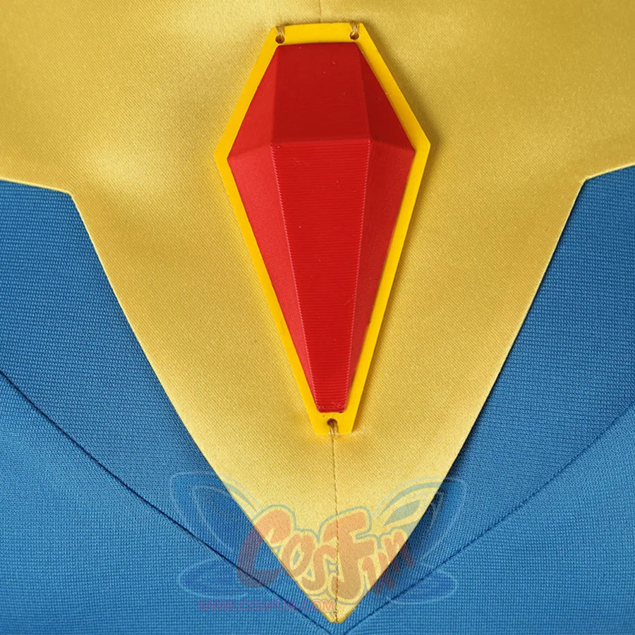 Dispatch Mandy cosplay costume red hexagonal gem centerpiece extreme closeup