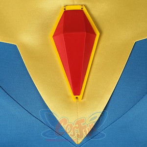 Dispatch Mandy cosplay costume red hexagonal gem centerpiece extreme closeup