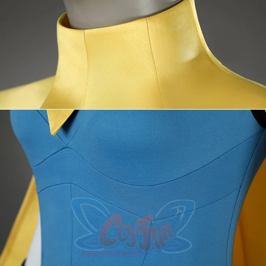Dispatch Mandy cosplay costume blue bodysuit chest area with stitching detail