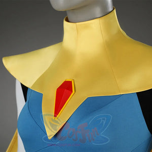 Dispatch Mandy cosplay costume yellow shoulder cape with red gem side angle view