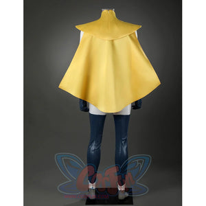 Dispatch Mandy cosplay costume back view showcasing flowing yellow cape design