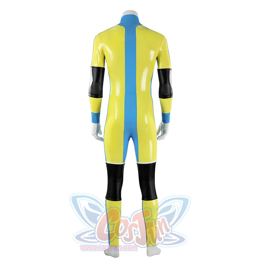 Dispatch Waterboy cosplay costume back view, yellow-green and blue full-body jumpsuit with black arm bands and knee pads