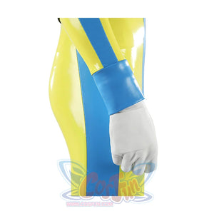 Dispatch Waterboy cosplay costume cuff detail showing blue wrist cuff and white glove on yellow-green jumpsuit