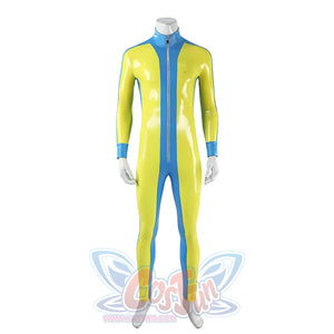 Dispatch Waterboy cosplay costume jumpsuit front view without accessories, yellow-green and blue full-body suit with zipper