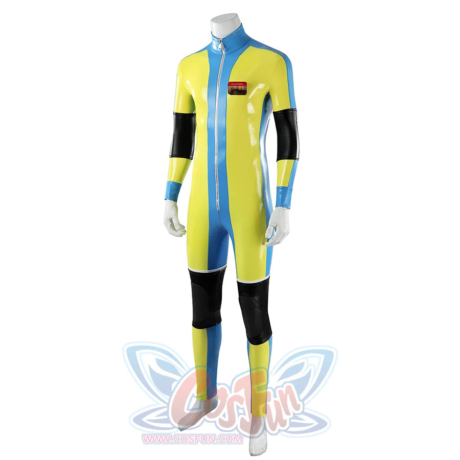 Dispatch Waterboy cosplay costume full front view, yellow-green and blue jumpsuit with black arm and knee panels