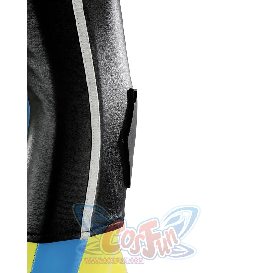 Dispatch Waterboy cosplay costume black protective sleeve detail with clasp buckle, shown on blue and yellow-green suit