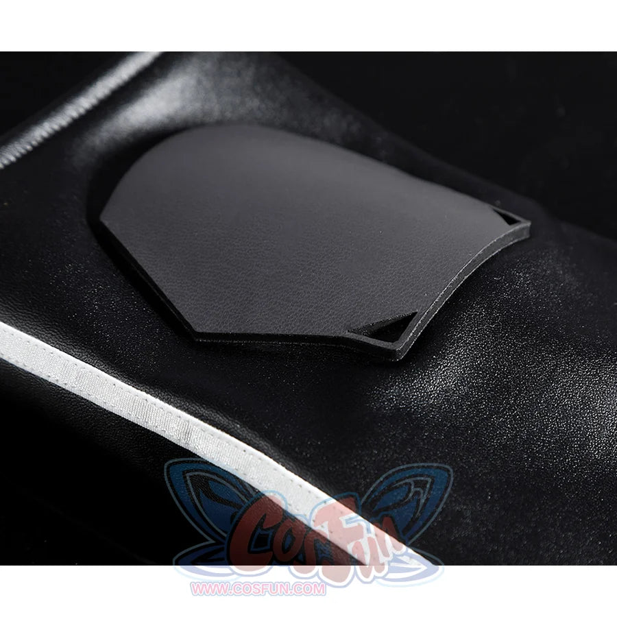 Dispatch Waterboy cosplay costume knee pad detail close-up, black faux leather protective panel with white stitching
