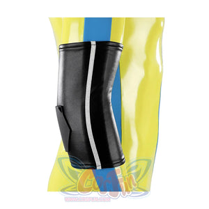 Dispatch Waterboy cosplay costume black protective knee pad side view, worn on yellow-green and blue jumpsuit leg