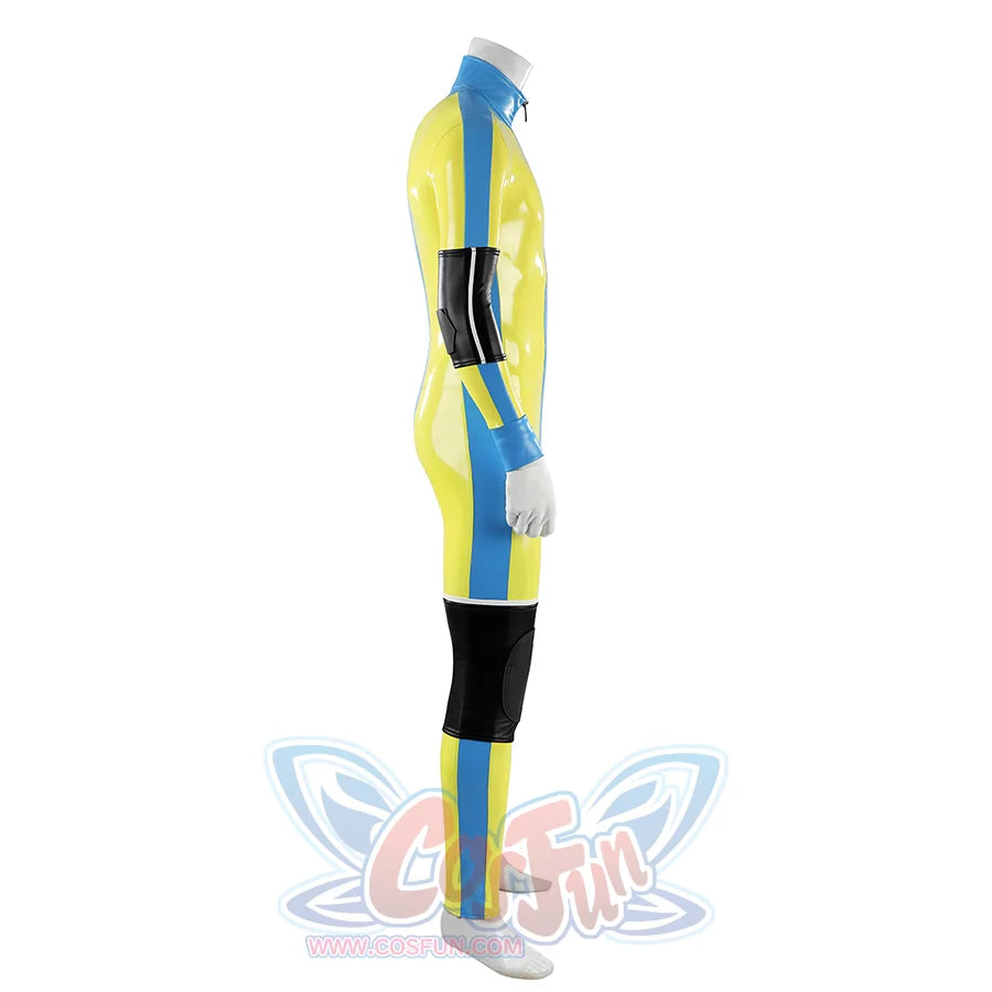 Dispatch Waterboy cosplay costume right side view, yellow-green jumpsuit with blue vertical stripe and black knee pad