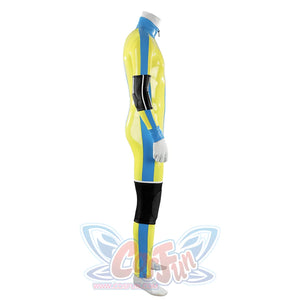 Dispatch Waterboy cosplay costume right side view, yellow-green jumpsuit with blue vertical stripe and black knee pad