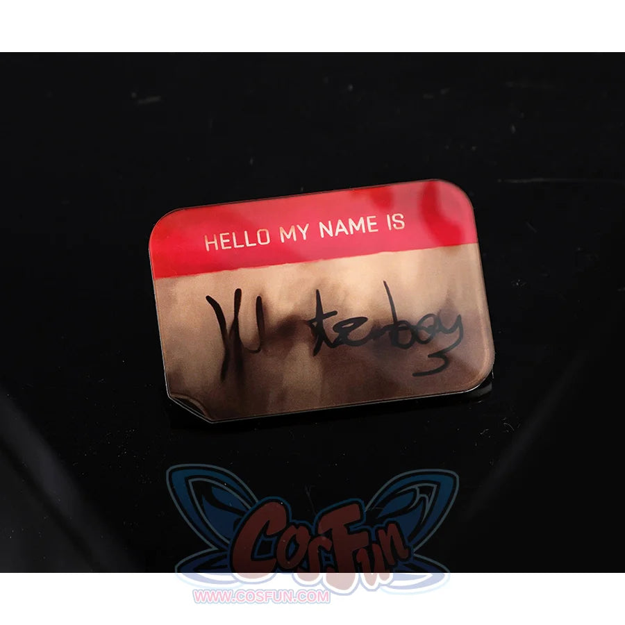 Dispatch Waterboy cosplay costume name tag accessory reading Hello My Name Is Waterboy, red and metallic badge