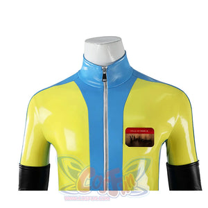 Dispatch Waterboy cosplay costume upper body close-up showing chest patch, zipper, and yellow-green suit with blue trim