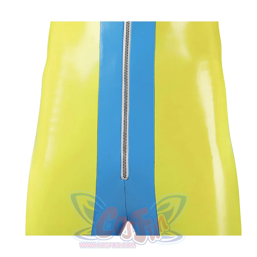 Dispatch Waterboy cosplay costume waist detail showing blue front zipper panel on yellow-green glossy jumpsuit
