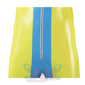 Dispatch Waterboy cosplay costume waist detail showing blue front zipper panel on yellow-green glossy jumpsuit