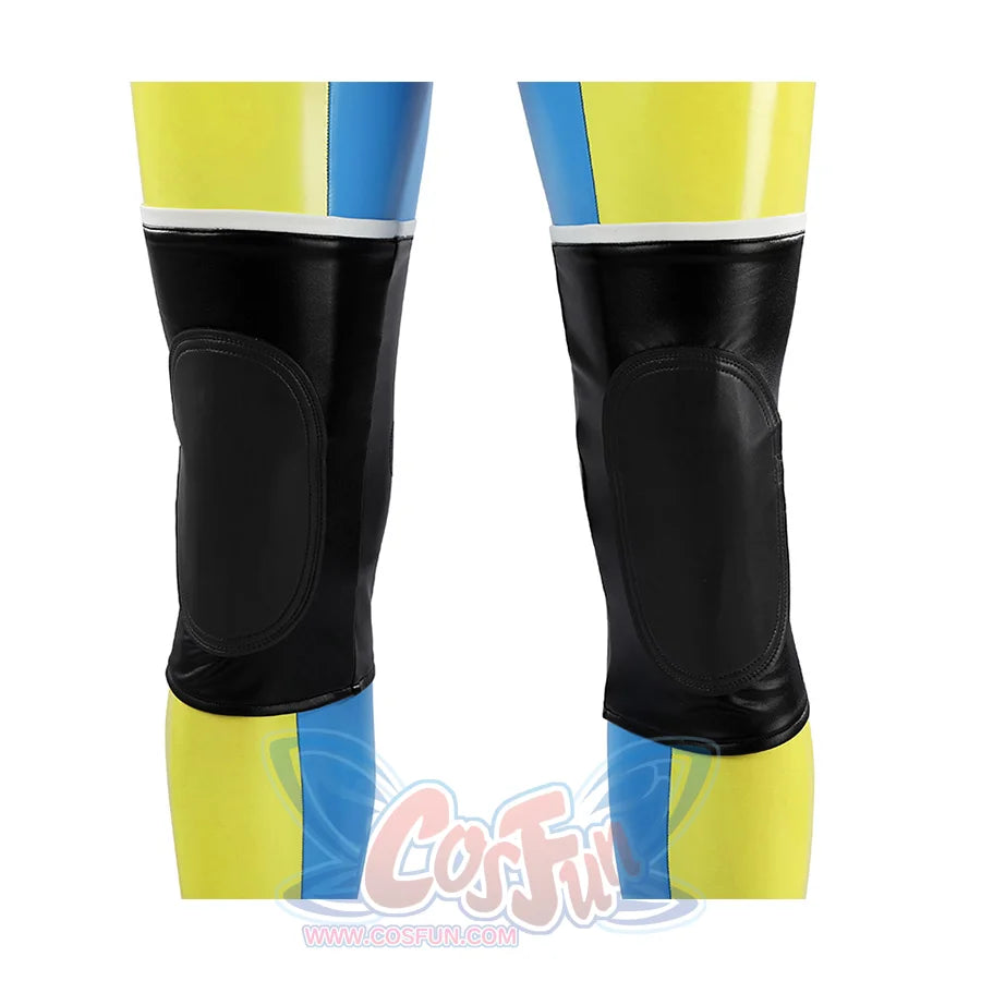 Dispatch Waterboy cosplay costume black knee pads front view, both legs shown with yellow-green and blue jumpsuit