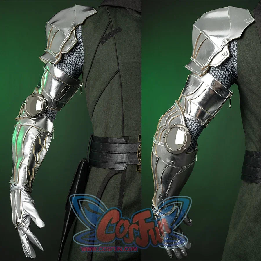 Doctor Doom Cosplay Costume is mainly dark green, the armrests and leg armor are made of silver shiny PU leather, there is also a decoration on the elbow.