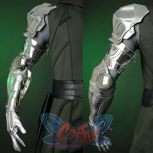 Doctor Doom Cosplay Costume is mainly dark green, the armrests and leg armor are made of silver shiny PU leather, there is also a decoration on the elbow.