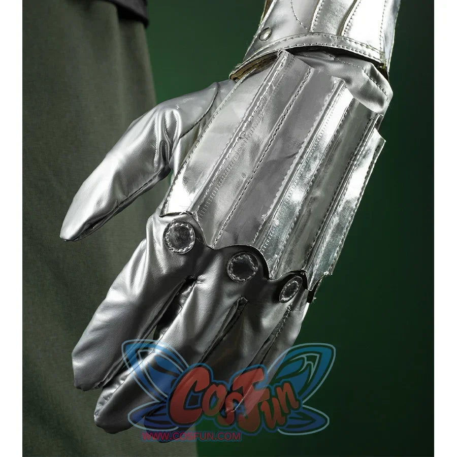 Doctor Doom Cosplay Costume gloves, the gloves are also silver shiny leather, with armor-like decorations on the back of the hands.