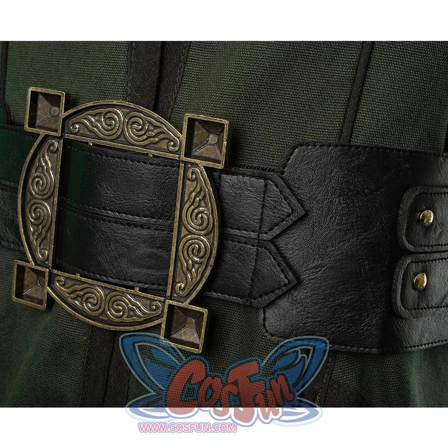 Doctor Doom Cosplay Costume belt,  the clothes are dark green, with a black PU leather belt and a round copper ornament with a square hole in the middle.