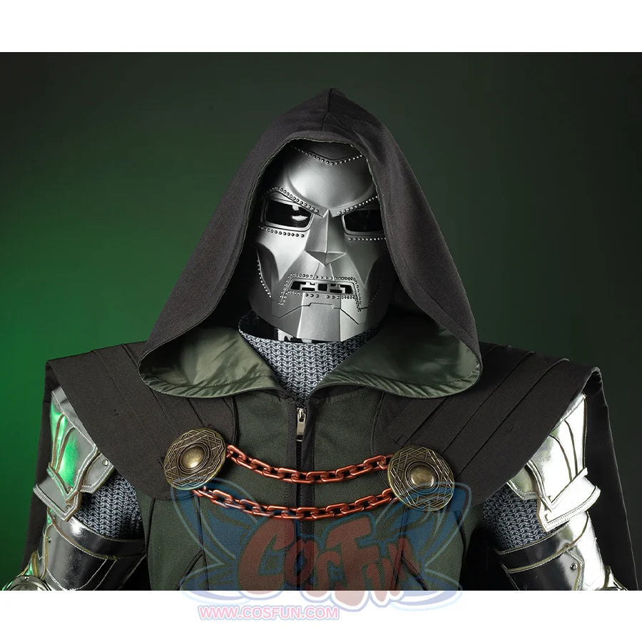 Doctor Doom Cosplay Costume have a dark green long cape with round copper ornaments on both sides, connected and fixed by two brown chains.