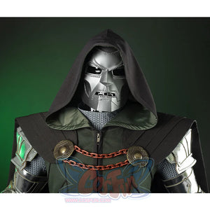 Doctor Doom Cosplay Costume have a dark green long cape with round copper ornaments on both sides, connected and fixed by two brown chains.