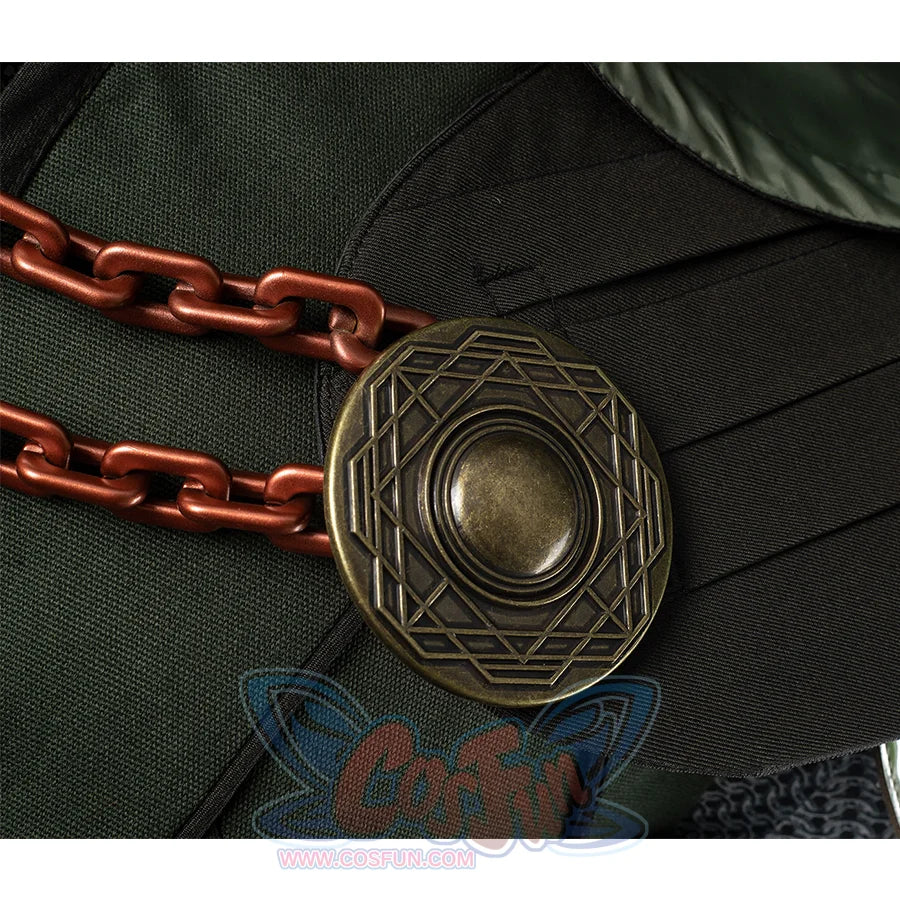 Doctor Doom Cosplay Costume have a dark green long cape with round copper ornaments on both sides, connected and fixed by two brown chains.