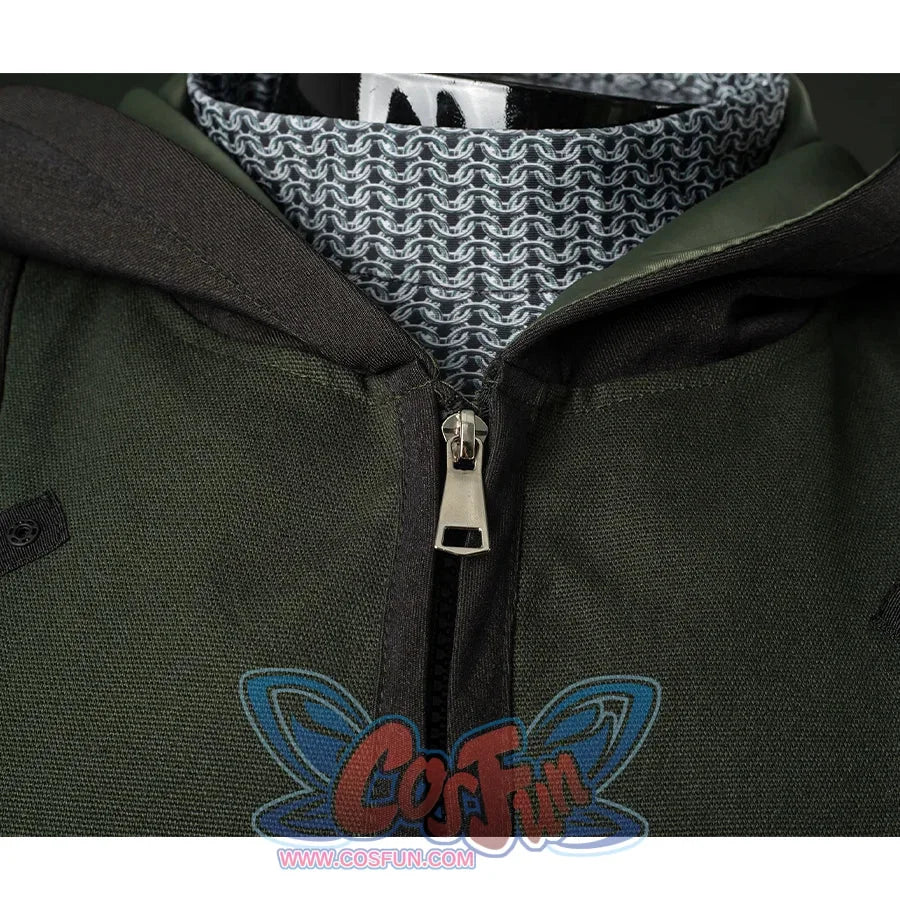 Doctor Doom Cosplay Costume inner set,  the clothes are dark green with a black outside and green inside hat, there is a zipper in the middle.