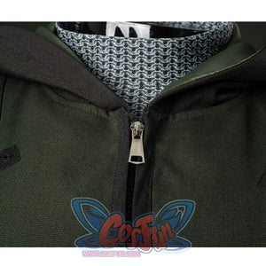 Doctor Doom Cosplay Costume inner set,  the clothes are dark green with a black outside and green inside hat, there is a zipper in the middle.