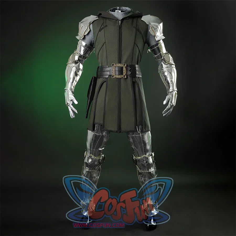 Doctor Doom Cosplay Costume inner set,  the clothes are dark green, with a black belt and a round copper ornament with a square hole in the middle, the armrests and leg armor are made of silver shiny PU leather.