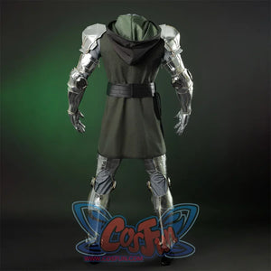Doctor Doom Cosplay Costume back view of the inner set,  the clothes are dark green with a hat, black belt with a round copper ornament, the armrests and leg armor are made of silver shiny PU leather.