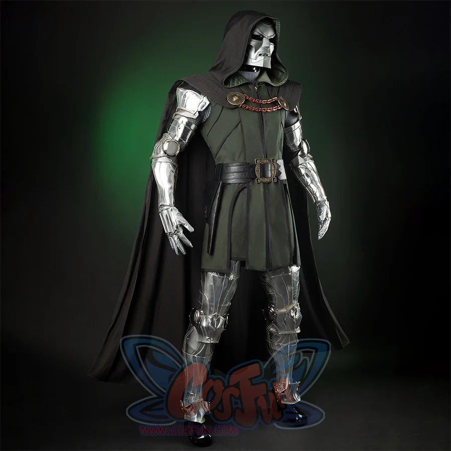 Doctor Doom Cosplay Costume left side view, it have a dark green long cape with round copper ornaments on both sides, connected and fixed by two brown chains, the clothes are also dark green, with a black belt and a round copper ornament with a square hole in the middle, the armrests and leg armor are made of silver shiny leather.