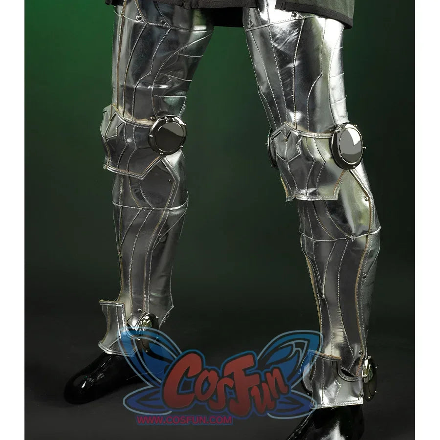 Doctor Doom Cosplay Costume leg armor, the leg armor are made of silver shiny PU leather, there is also a decoration on the both knee.