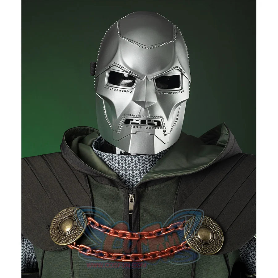 Doctor Doom Cosplay Costume mask is silver with lots of rivets, this set does not include a mask.