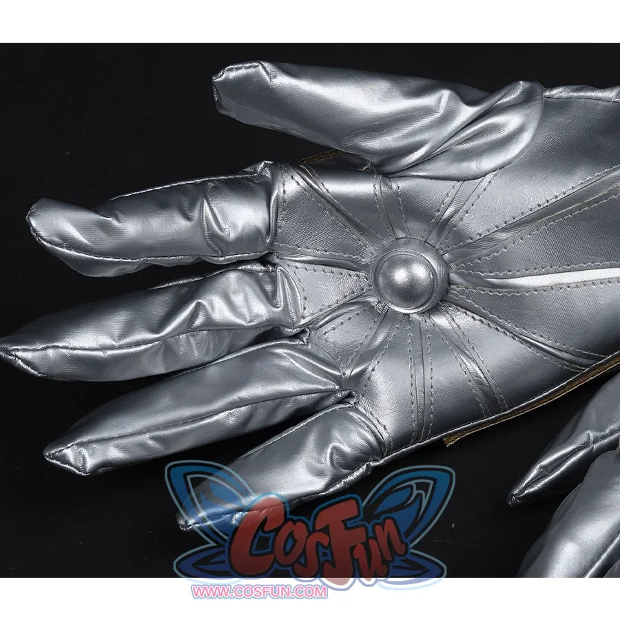 Doctor Doom Cosplay Costume glove's palm view, the gloves are also silver shiny leather, with round ball decorations on the palm.