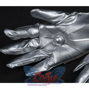 Doctor Doom Cosplay Costume glove's palm view, the gloves are also silver shiny leather, with round ball decorations on the palm.