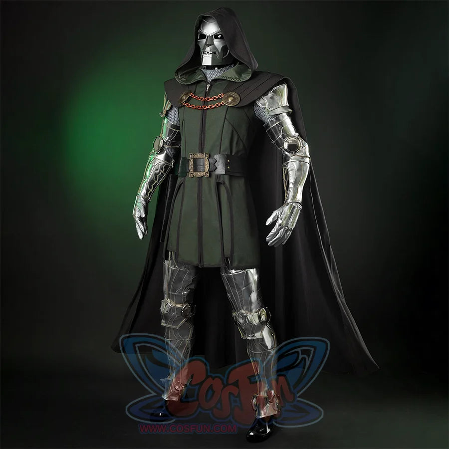 Doctor Doom Cosplay Costume right side view, it have a dark green long cape with round copper ornaments on both sides, connected and fixed by two brown chains, the clothes are also dark green, with a black belt and a round copper ornament with a square hole in the middle, the armrests and leg armor are made of silver shiny leather.
