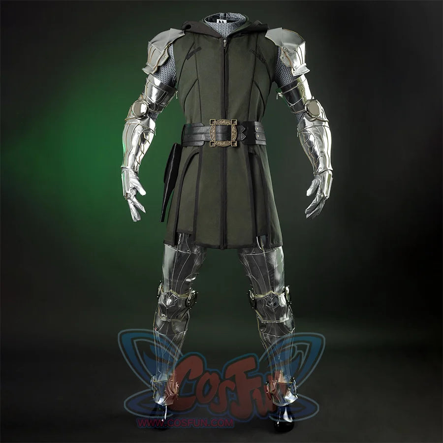 Doctor Doom Cosplay Costume hem,  the clothes are dark green and make of windbreaker, canvas with a black edge, Inside is a printed suit.