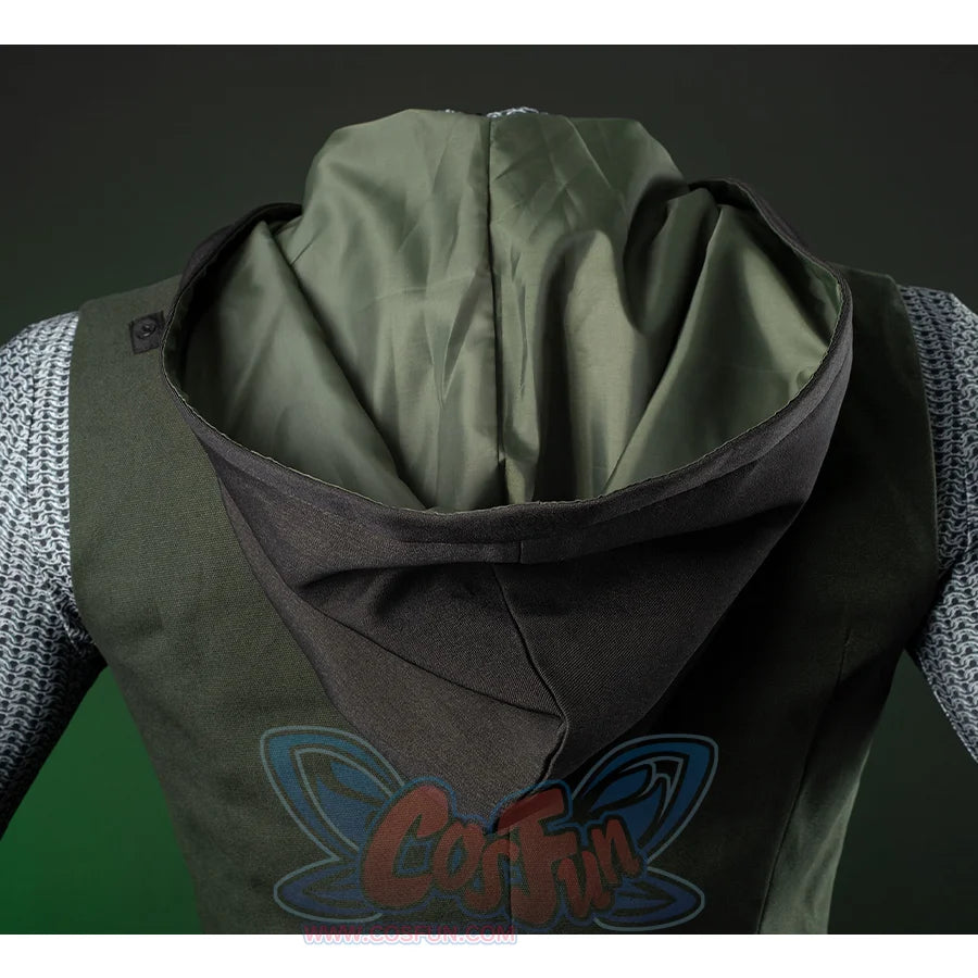 Doctor Doom Cosplay Costume back view of the inner set,  the clothes are dark green with a hat, and make of windbreaker, canvas.