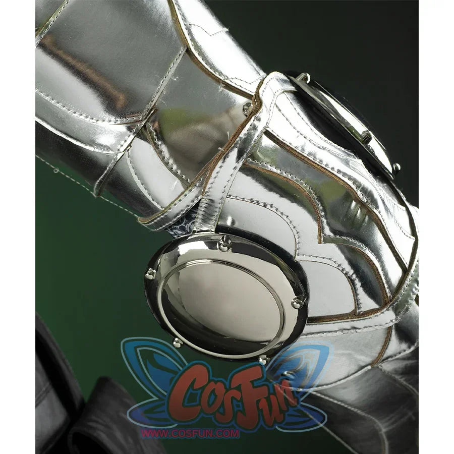 Doctor Doom Cosplay Costume's upper armarmor is  made of silver shiny PU leather, there is also a decoration on the elbow.