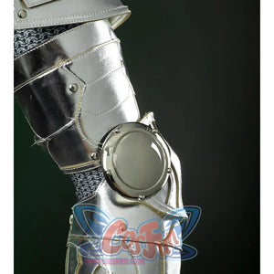 Doctor Doom Cosplay Costume's upper armarmors are finely crafted, it made of silver shiny PU leather, there is also a decoration on the elbow.