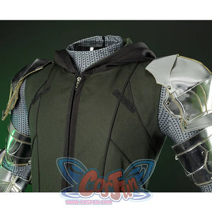 Doctor Doom Cosplay Costume inner set,  the clothes are dark green with a hat, there is a set of snap buttons on each side to fix the cape.