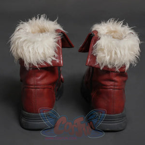 Doreen Green Cosplay Shoes-Back view highlighting red leather texture, fold-over cuffs and the sturdy heel structure