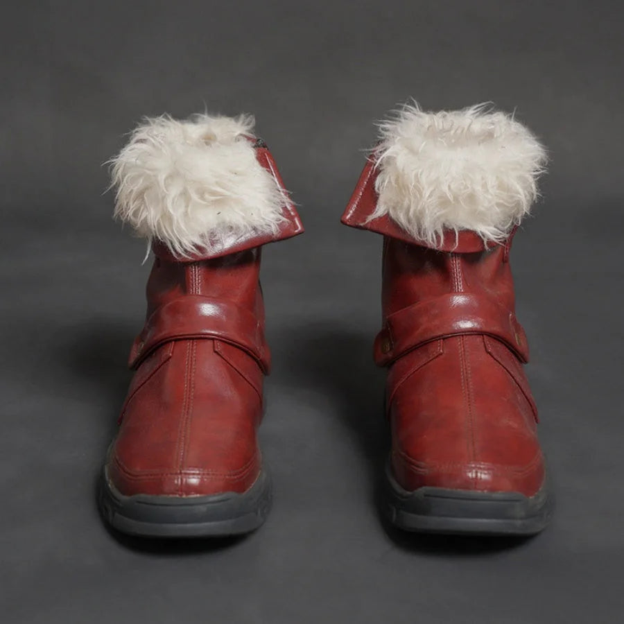 Doreen Green Cosplay Shoes-Front view of red leather boots with fold-over cuffs adorned by fluffy white fur, showcasing buckle strap details