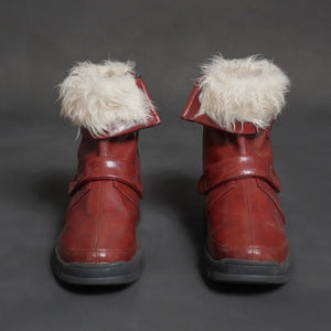 Doreen Green Cosplay Shoes-Front view of red leather boots with fold-over cuffs adorned by fluffy white fur, showcasing buckle strap details