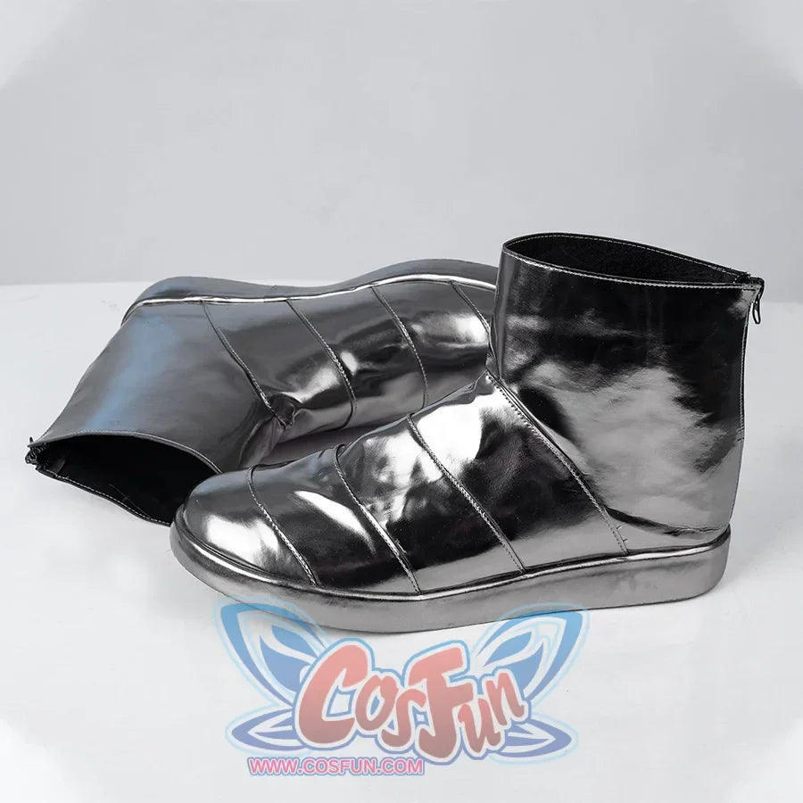 Dr. Doom Victor von Doom Cosplay high-top boots, the whole is silver shiny leather with a metallic texture, the upper adopts a splicing design, zippers on the back.