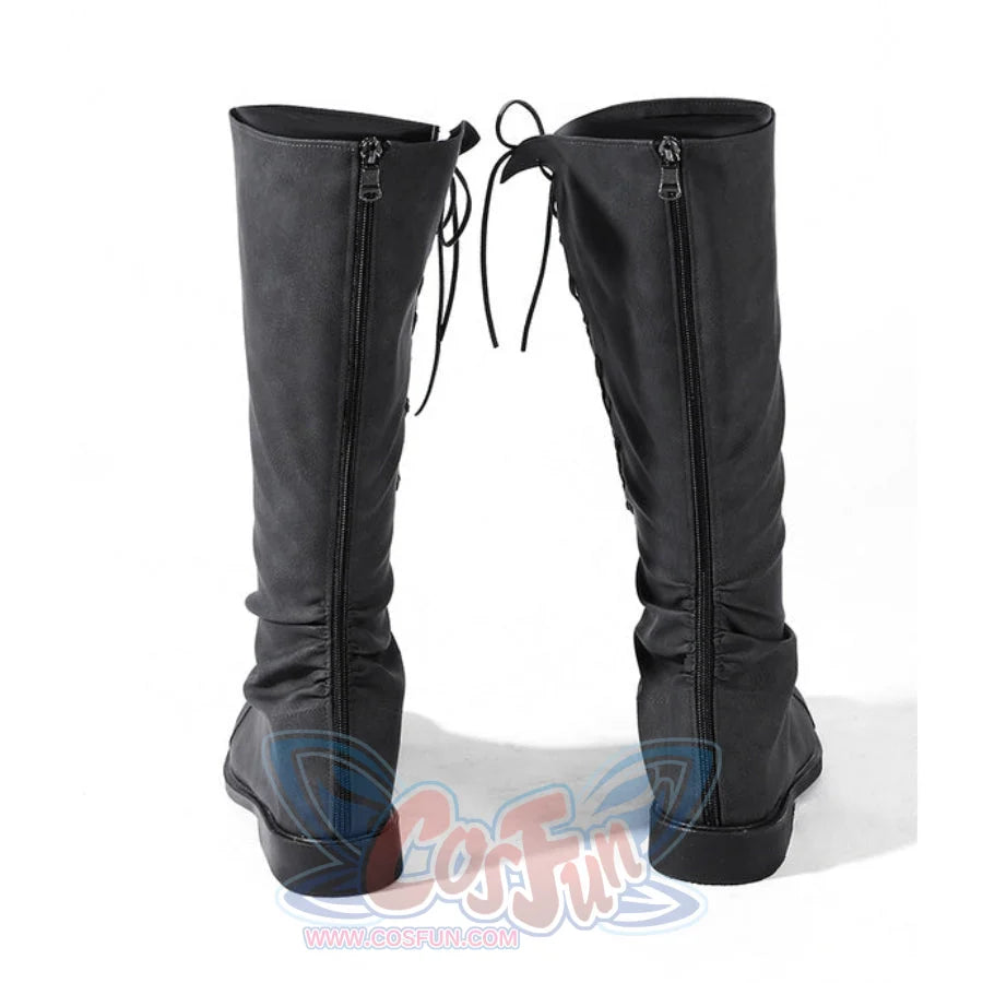 Dunk cosplay boots back view displaying dual back zippers and lace-up top detail on dark gray knee-high boots