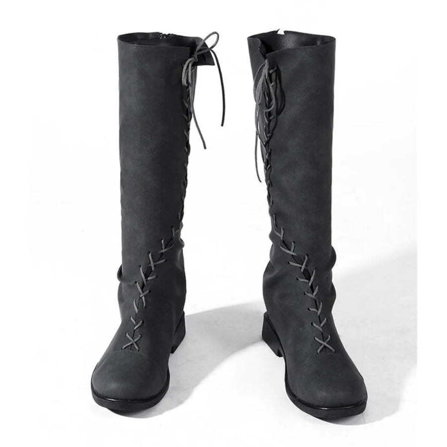 Dunk cosplay knee-high lace-up boots in dark gray with cross lacing detail, front view on white background