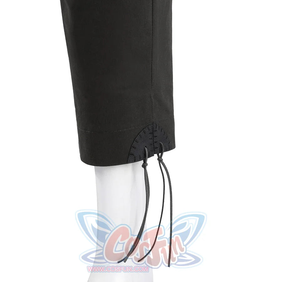 Close-up of Dunk cosplay black pants ankle hem with black cord tie strings for adjustable fit.